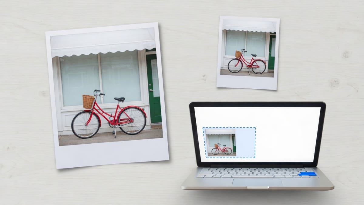 Camera JPEG of a red bicycle beside a smaller JPG and an email attachment slot on a laptop