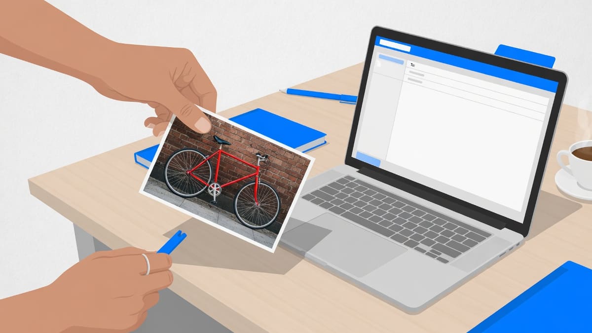 Hands dropping a printed camera JPEG of a red bicycle onto a desk beside an email laptop