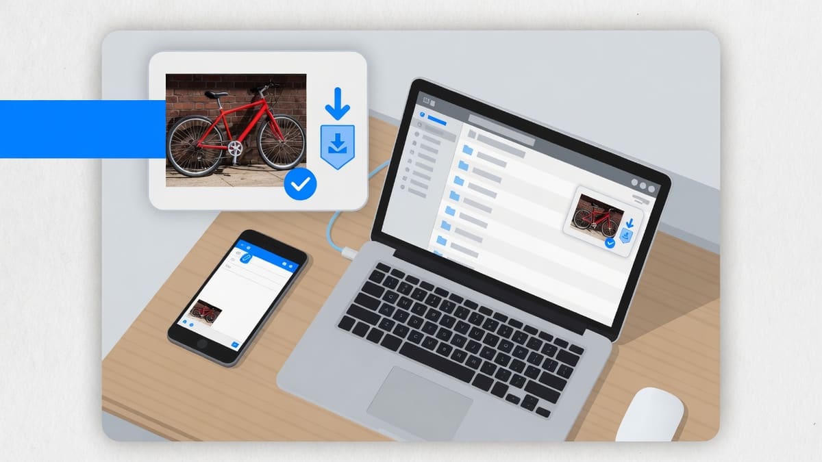 Laptop and phone showing a downloaded bicycle JPG with a blue download arrow ready to attach