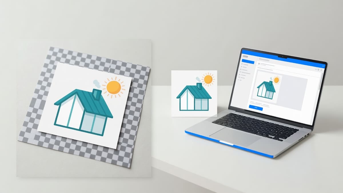 Checkerboard PNG of a teal house icon beside a smaller PNG of the same house next to a web and email slot