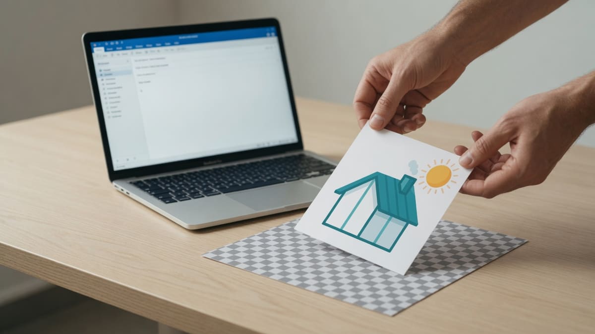 Hands dropping a printed checkerboard PNG of a teal house icon onto a desk beside a laptop