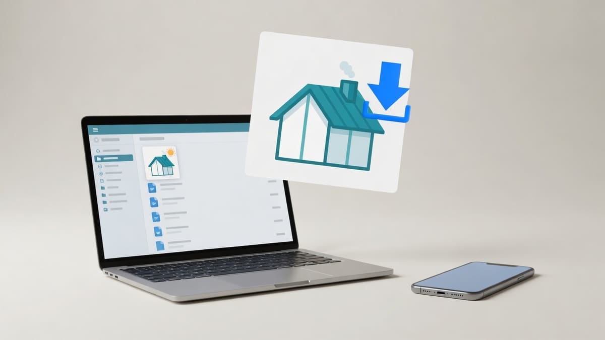 Laptop and phone showing a downloaded house graphic with a blue download arrow ready to attach