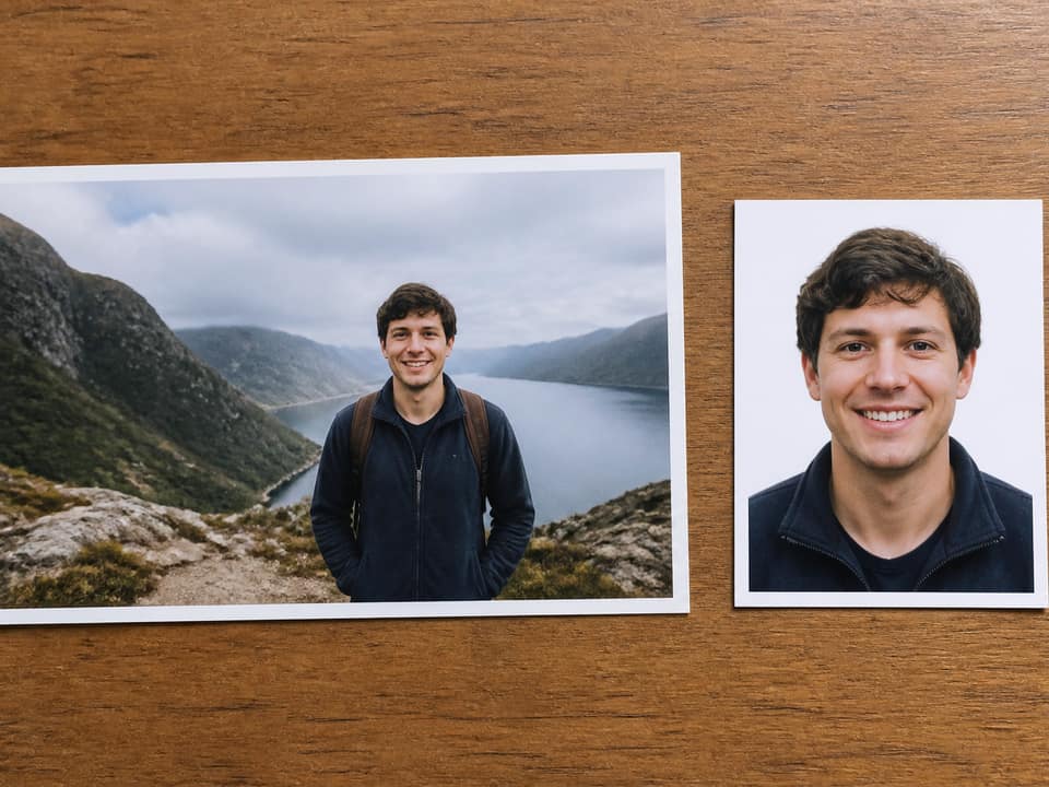 Wide landscape print beside a cropped ID headshot, showing why crop before 20KB