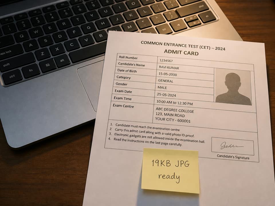 Admit-card papers and a 19KB JPG note after compressing an exam photo