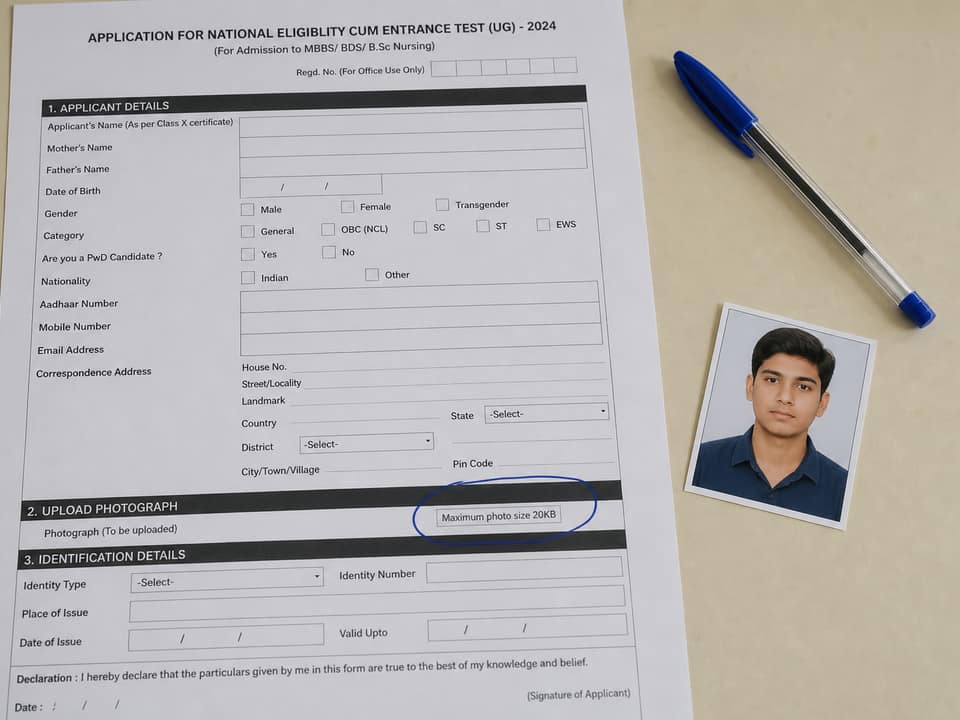 Exam registration form on a desk with a 20KB photo size limit circled