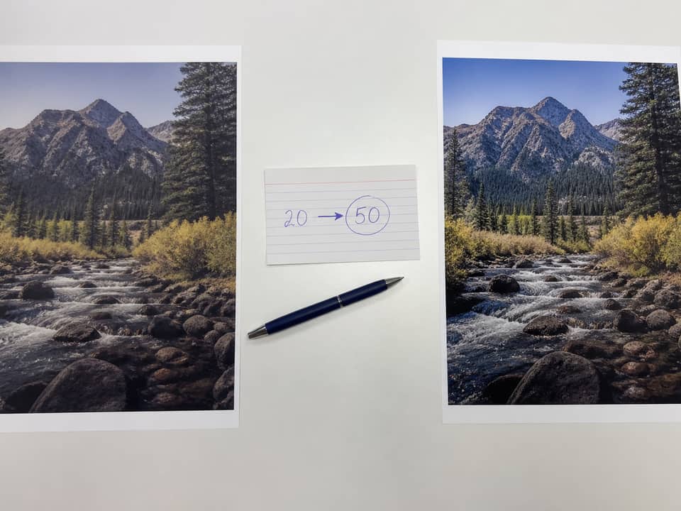Two printed portraits showing why a 50KB ceiling keeps more detail than a 20KB crush