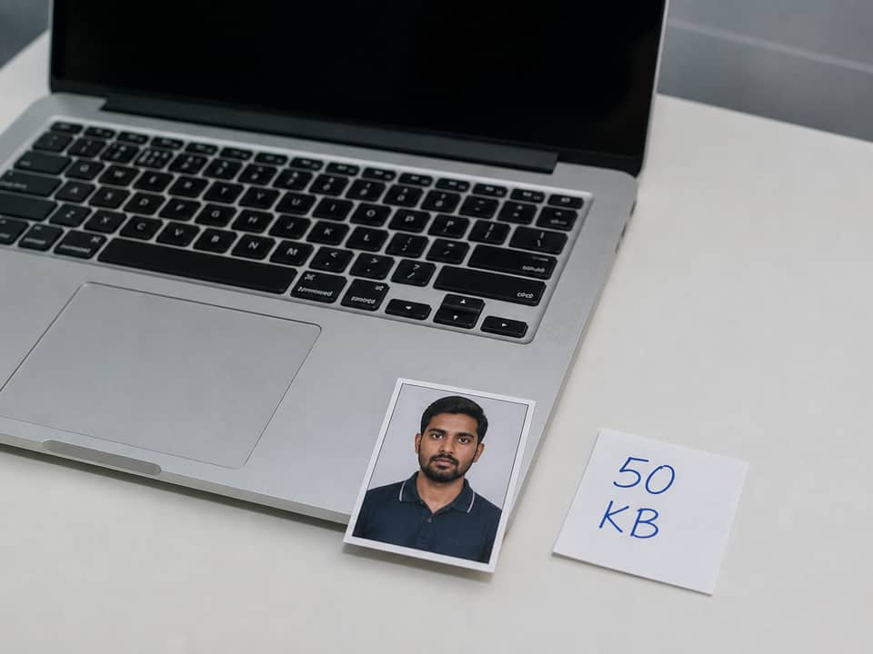 KYC portrait beside a laptop with a 50KB target note before compress