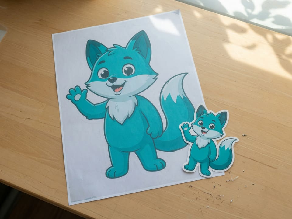 A large cartoon print beside a much smaller sticker of the same character, showing a GIF reduced in file size