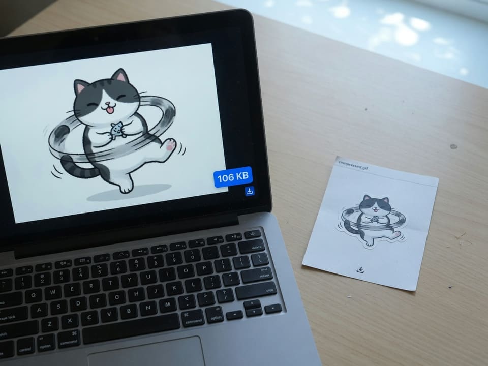 A laptop showing a compressed looping GIF at 106KB ready to download
