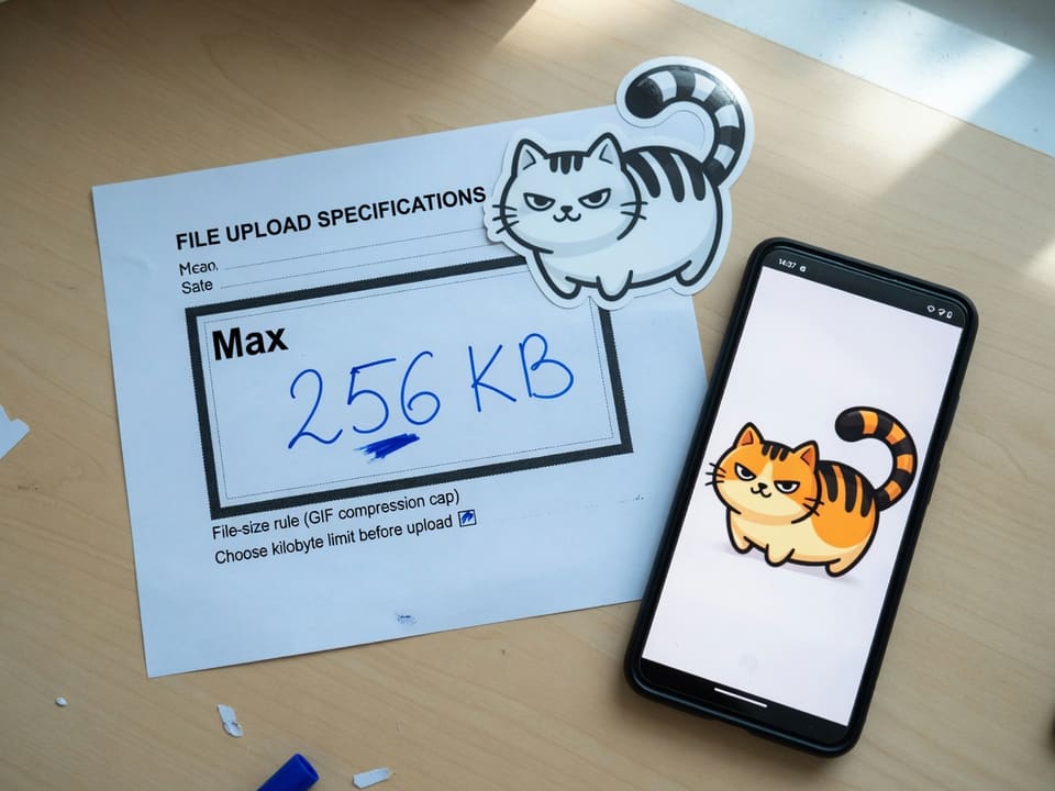A GIF sticker next to a form that asks for a 256KB file cap