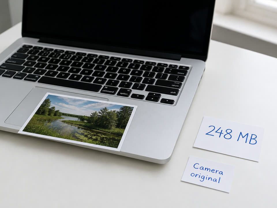 Laptop with a camera original and a 200 MB sticky note before compress large image