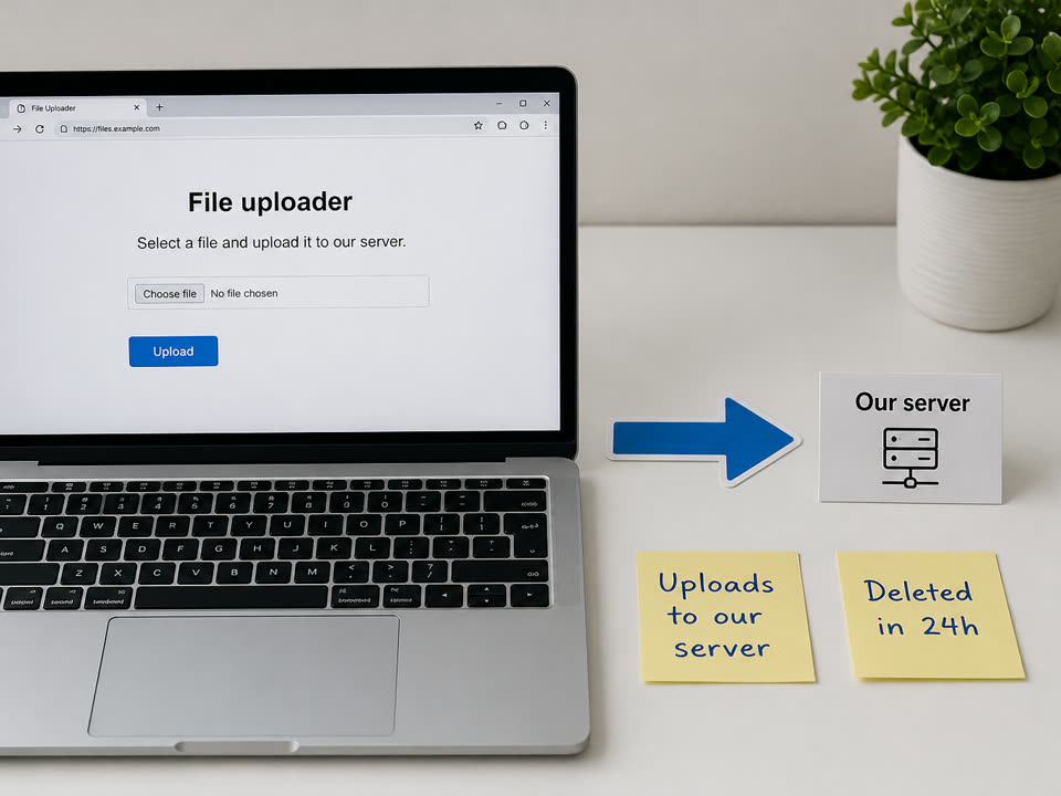 Sticky notes that say Over the local limit we upload and Max 500MB next to a laptop
