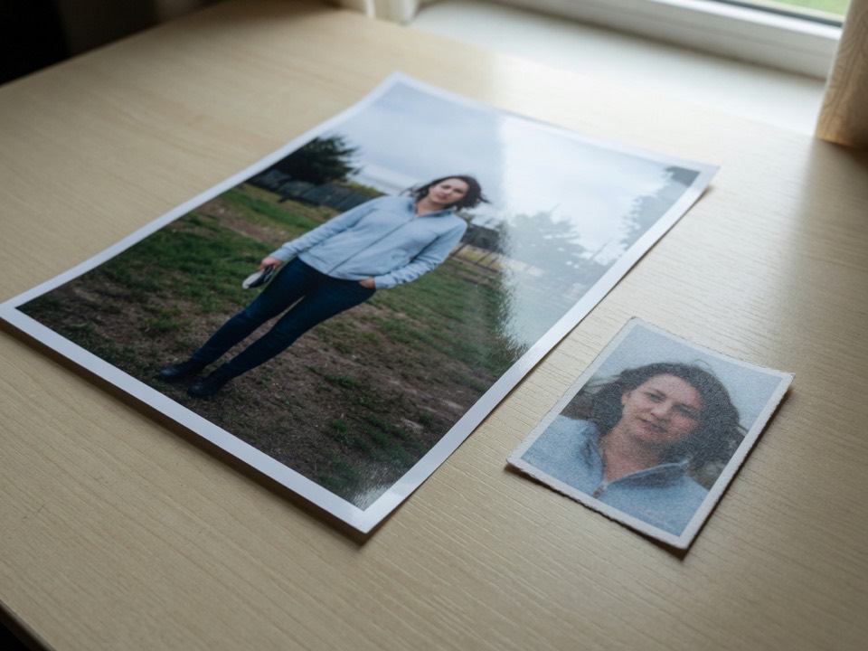 A large camera print beside a small cropped portrait, showing a photo reduced from MB to KB